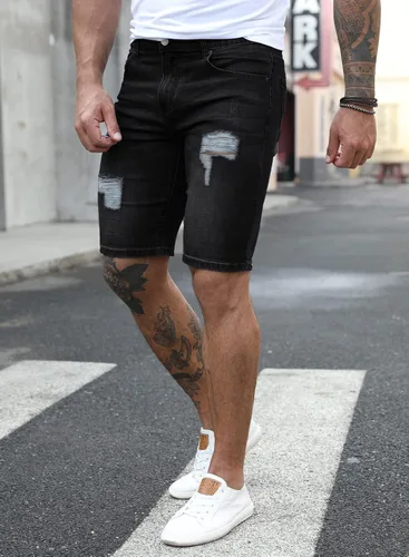 Miniatura 7 de JMIERR Pantalones cortos de mezclilla para hombre, estilo casual, elásticos, ajustados, lavados, desgastados, enrollados, rasgados, para hombre