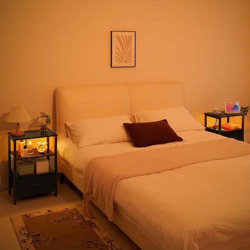 Miniatura 6 de Yoobure Mesa auxiliar con almacenamiento, mesita de noche LED con estación de carga, mesas auxiliares para sala de estar, mesita de noche para Negro