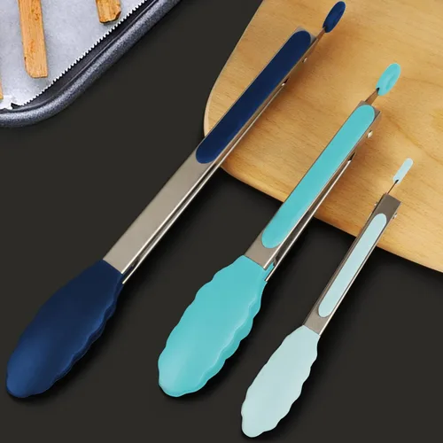 Miniatura 6 de HOTEC Pinzas de cocina premium de acero inoxidable con cierre y puntas de silicona, juego de 3-7", 9" y 12" (azul degradado)