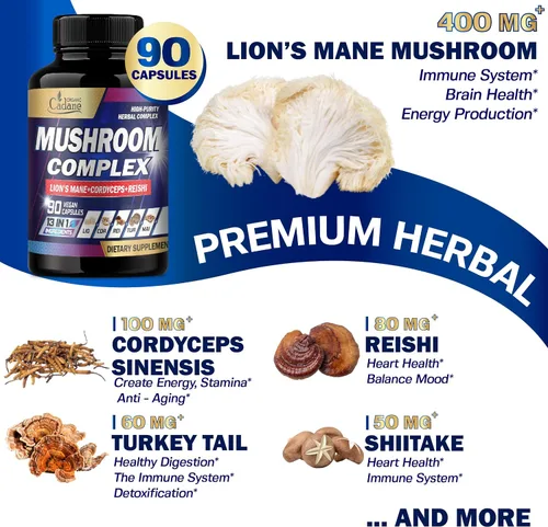 Miniatura 3 de Organic Cadane Suplementos de complejo de hongos – Salud cerebral, sistema inmunológico, memoria y producción de energía – 13 en 1 con hongos melena