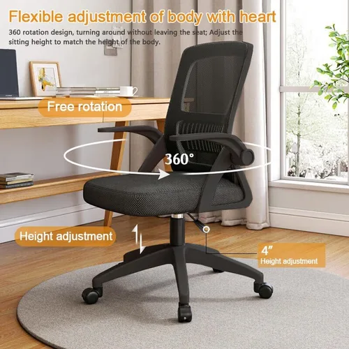 Miniatura 6 de Silla de Oficina para el Hogar Ergonómica con Malla Transpirable Silla de Alto Respaldo con Altura Ajustable Giratoria con Brazos Abatibles y Negro