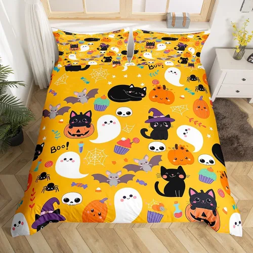 Miniatura 10 de Erosebridal Funda de edredón de calabaza con diseño de murciélagos para Halloween, juego de ropa de cama con sombrero de bruja, funda de edredón