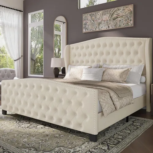 Miniatura 14 de BRELTAM Marco de cama tapizado tamaño Queen en terciopelo color beige con cabecera y pie de cama acolchados con botones profundos y soporte