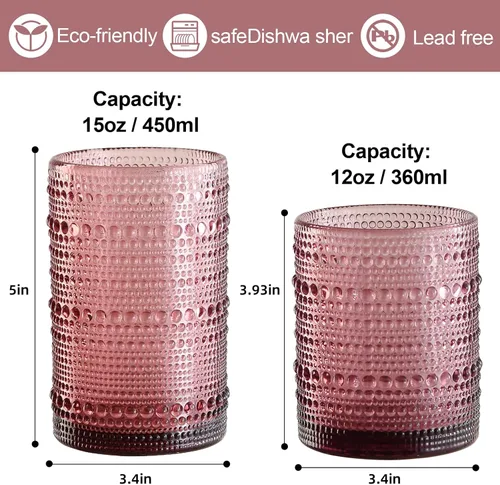 Miniatura 2 de ZMOWIPDL Juego de 12 Vasos de Cristalería Vintage para Beber, Morado 12oz y 15oz Vasos de Vidrio Hobnail con Relieve, Vaso de Agua en Relieve