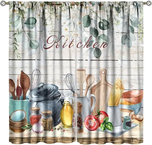 Cortinas de cocina estilo retro, 2 paneles con bolsillo para cortinero, decoración de dormitorio, cocina, cafetería, 42 pulgadas de ancho x 45