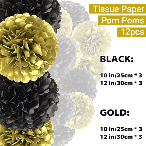Miniatura 2 de Capesaro Pompones de Papel Dorado y Negro - 10", 12" Decoraciones de Papel Tisú para Decoración Colgante de Fiestas - Juego de 12 Piezas