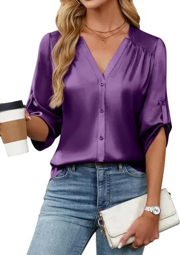 Miniatura 19 de Blooming Jelly Camisas con botones para mujer de manga 3/4, tops casuales elegantes, blusas de negocios de satén de seda plisado 2025