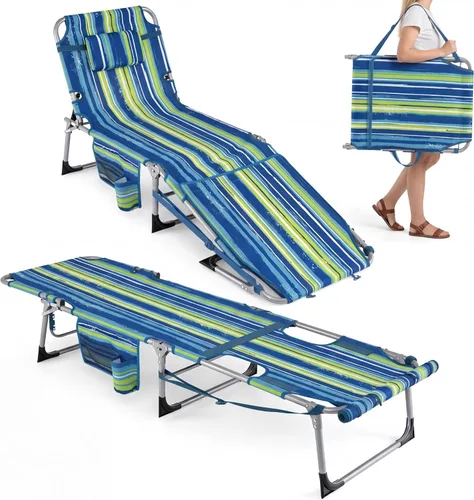 Miniatura 19 de Giantex Silla bronceadora, silla de playa de 330 libras con 5 posiciones ajustables, agujero para cara y brazo, correa para manos/hombros, almohada