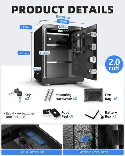 Miniatura 8 de Caja de seguridad biométrica de huellas digitales DAYI, cajas de seguridad para el hogar de 2.0 pies cúbicos con bolsa ignífuga, caja de seguridad