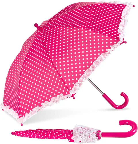 ShedRain Paraguas de lunares rosados para niños, a prueba de pellizcos, mango de fácil agarre, paraguas compacto para la escuela y viajes para niños