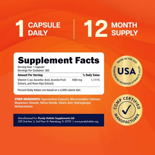 Miniatura 7 de Vitamina C de 1000 mg Apoyo inmunológico Cápsulas de liberación temporal Suministro de 1 año Suplemento de vitamina C con cereza de acerola