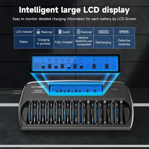 Miniatura 2 de CITYORK Cargador de batería AA AAA de 12 bahías con función de actualización, cargador de batería inteligente con pantalla LCD
