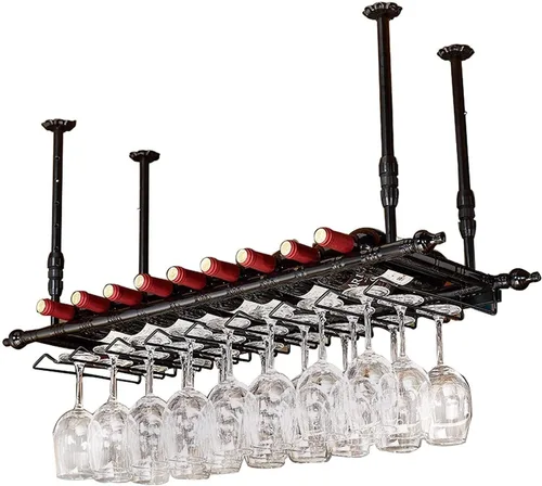 Industrial Vintage Hanging Wine Rack with Adjustable Metal Ceiling Mount, 2-Tier Bar Shelf, 60–120cm, Black(Type D,120 * 30cm)