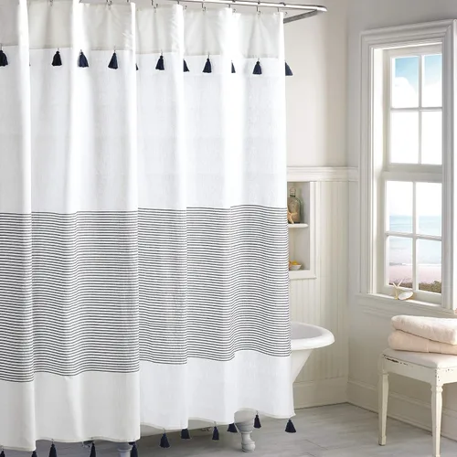 Panama Stripe Cortina de ducha 100% tela de algodón para baño, de 72 x 72 pulgadas /182.88 x 182.88 cm. Azul marino