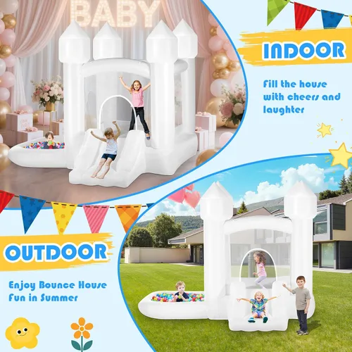 Miniatura 8 de Casa de rebote blanca para niños con bolas, casa inflable para interiores y exteriores, incluye soplador, fácil instalación, castillo animoso