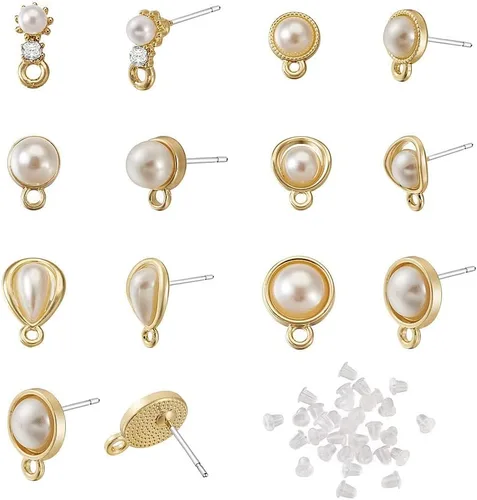 KISSITTY 24 piezas de aretes de perlas de imitación con pin de plata de ley 925, color dorado, forma de lágrima redonda, forma de flor, aretes para