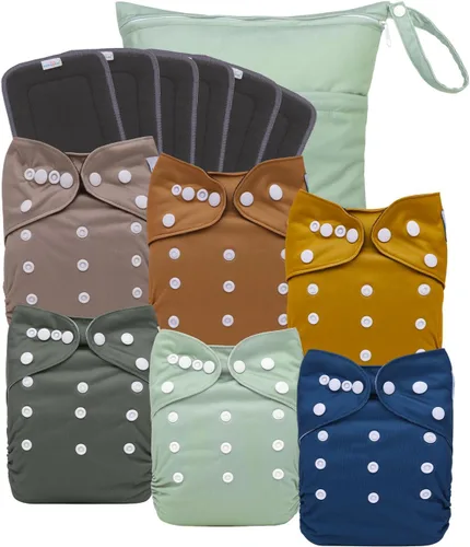 Miniatura 13 de babygoal AWJ Pañales de tela con panel abdominal, paquete de 13, 6 fundas de pañal con 6 insertos y bolsa seca para humedad, ajustables, lavables