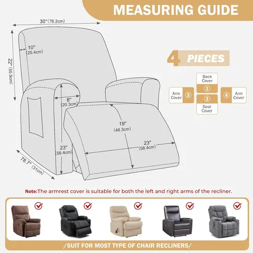 Miniatura 3 de vctops Funda repelente al agua para silla reclinable de 4 piezas con bolsillo lateral, diseño de hojas de jacquard, elástica, suave, protector