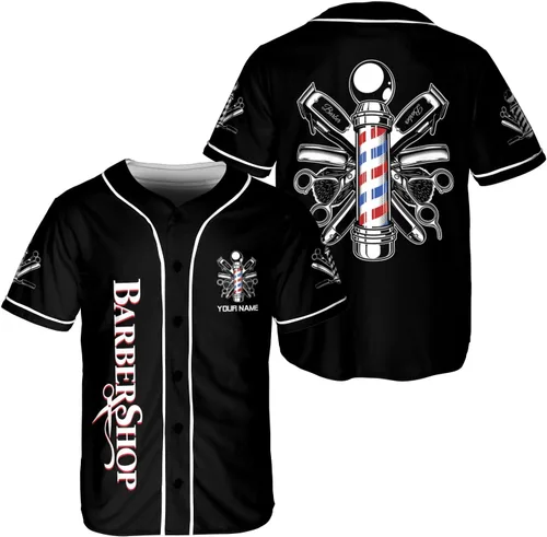 Leprints Baber Shop - Camiseta de béisbol personalizada, para peluquería, camiseta de béisbol para peluquería, tijeras para barbero, hoja de