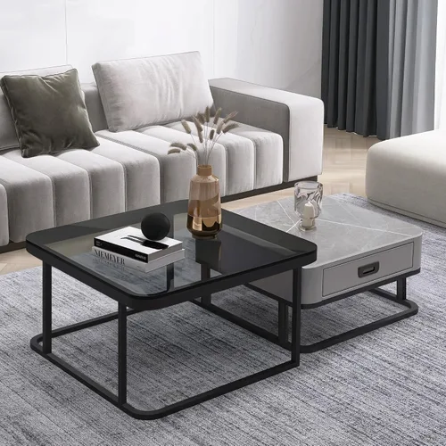 Miniatura 9 de Juego de 2 mesas auxiliares redondas para sala de estar, mesa central elegante con mesa de grano de madera, mesas auxiliares pequeñas