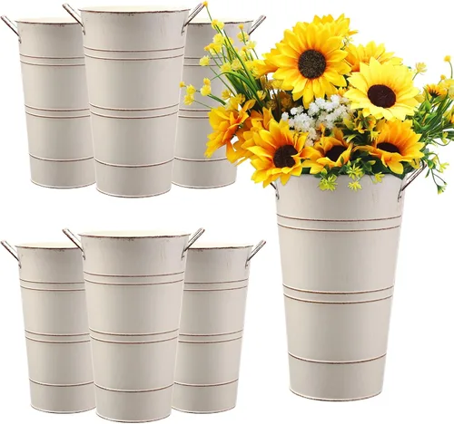 Chumia 6 jarrones de metal galvanizado de 12 pulgadas, cubo de flores francesas para flores cortadas, decoración de cubo de flores de metal, Beige