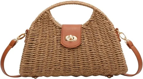 Bolso cruzado de paja para mujer, tejido a mano, bolso de mano de ratán con asa superior de paja, bolso de hombro para playa de verano, bolso de