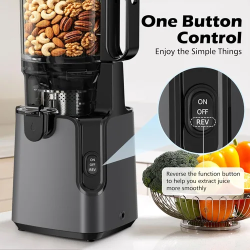 Miniatura 10 de Máquinas exprimidoras con canal de alimentación grande de 5.8 pulgadas, exprimidor de prensa en frío para verduras y frutas enteras de 400 W, Gris