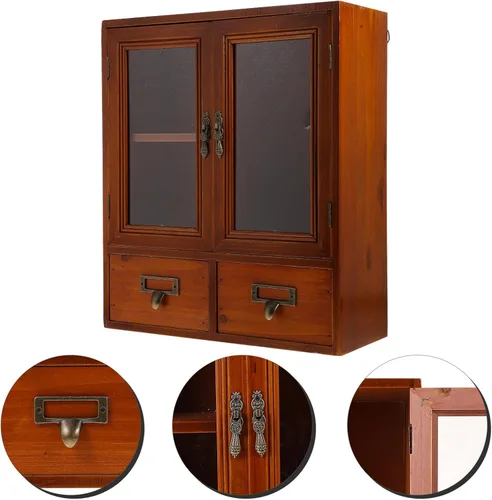 Miniatura 7 de Holibanna Armario de pared de madera vintage con puertas dobles, caja de almacenamiento pequeña multifuncional para cocina y hogar, organizador