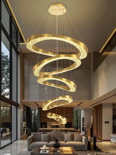 Miniatura 2 de Flashing God Lámpara de Araña Grande para Techo Alto, Lámpara de Araña de Cristal Moderna de 5 Anillos para Entrada, Accesorios de Iluminación