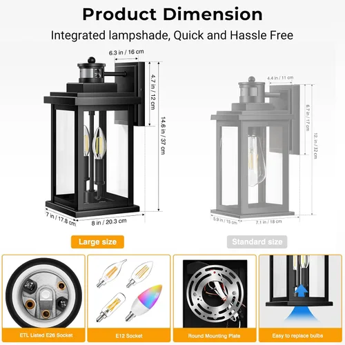 Miniatura 7 de VIANIS Luz negra grande con sensor de movimiento para exteriores de 15 pulgadas, aplique de iluminación exterior, iluminación exterior del atardecer