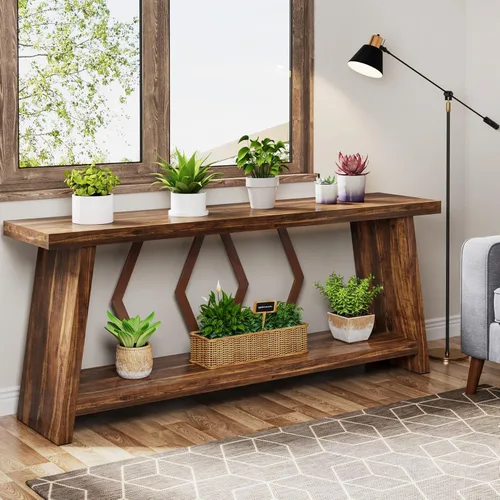 Miniatura 6 de Tribesigns Mesa consola de granja de 70.86 pulgadas, mesa de entrada de sofá largo industrial estrecha con almacenamiento, sofá de madera de 2 Marrón