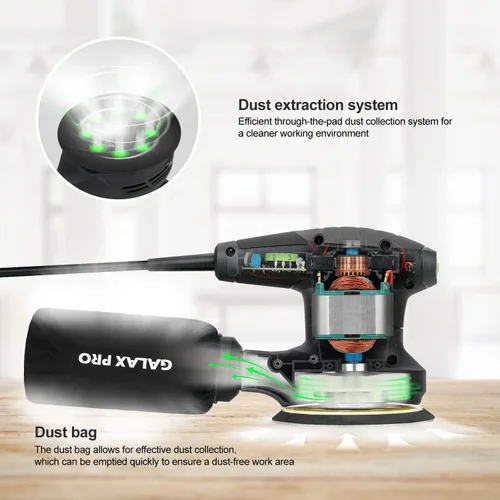 Miniatura 3 de GALAX PRO Lijadora orbital de 280 W 13000OPM de 6 velocidades variables con 15 discos de lijado, lijadora eléctrica de 5 pulgadas con colector