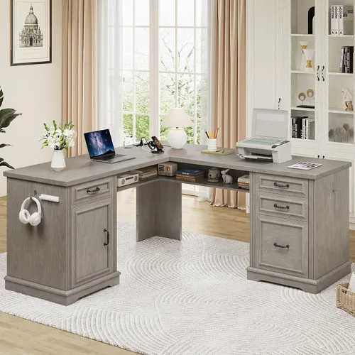 Miniatura 9 de Escritorio ejecutivo en forma de L de granja con 4 cajones, escritorio de oficina en casa con estante de almacenamiento oculto debajo del escritorio