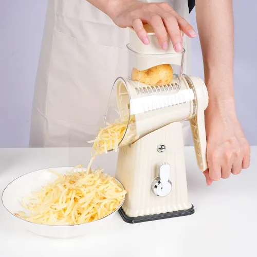 Miniatura 6 de Rallador de queso giratorio manual, blanco, cortador de verduras 5 en 1 con base de succión, cuchillas de acero inoxidable, diseño de manivela