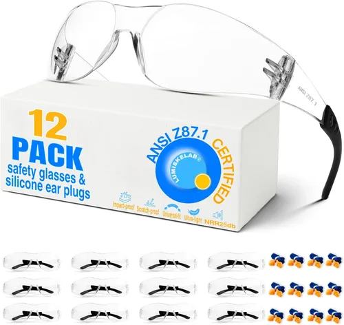 Paquete de 12 lentes de seguridad transparentes para hombres y mujeres – Certificado ANSI Z87.1, 12 tapones de silicona para los oídos (NRR 25 dB) –