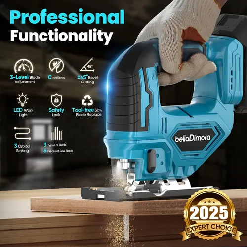 Miniatura 5 de bellaDimora Sierra caladora compatible con batería de 18 V, sierra caladora inalámbrica con luz LED de trabajo incorporada, bisel de 45 grados, 3