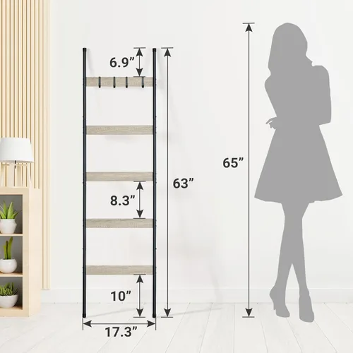 Miniatura 3 de ELYKEN Escalera de Mantas para Sala de Estar, Soporte de Edredón de 5 Niveles de Estilo Granja con 4 Ganchos Removibles para Baño, Estante de Roble