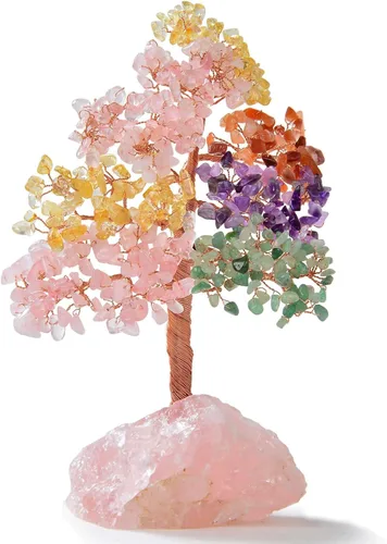 Miniatura 11 de KALIFANO Amatista natural prémium (414 piedras preciosas) Árbol de cristal de chakra con base de cuarzo rosa con propiedades curativas, árbol