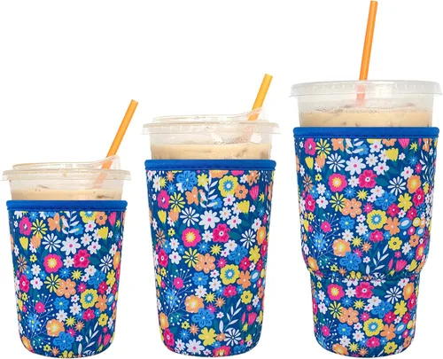 Miniatura 21 de Paquete de 3 fundas reutilizables para café helado - Xumbtvs funda aislante para bebidas frías, soporte de taza de café de neopreno (negro)