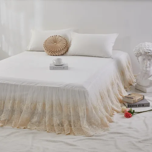 Miniatura 5 de Brandream Falda de cama de encaje, tamaño individual, color blanco crema, caída de 18 pulgadas, romántica con volantes y esquinas divididas