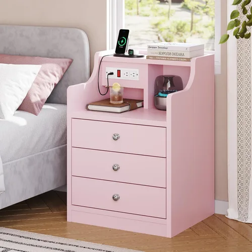 Miniatura 13 de ADORNEVE - Mesita de noche con estación de carga, mesita negra para dormitorio, mesa auxiliar con aparador y cajones de almacenamiento