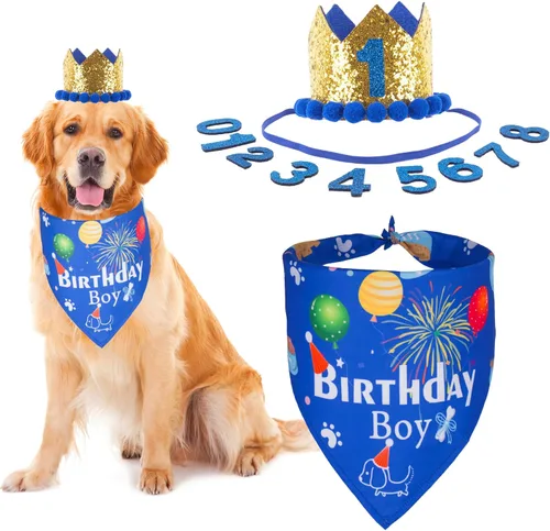 Miniatura 10 de ADOGGYGO Conjunto de gorro bandana para perro para suministros de fiesta de cumpleaños, bufanda de cumpleaños para mascotas para perros medianos