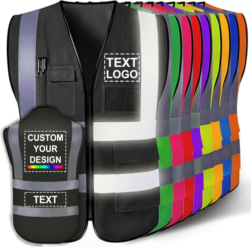 Chaleco de seguridad personalizado para hombres con logotipo, chaleco de seguridad reflectante de alta visibilidad personalizable con bolsillos para