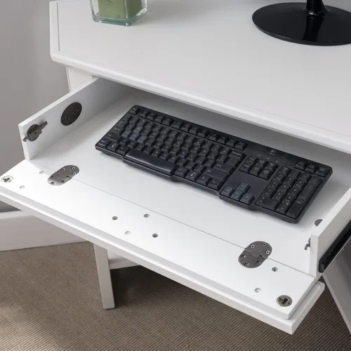 Miniatura 4 de Leick Home Sage 85430 - Escritorio esquinero de oficina, madera maciza, con cajón frontal para teclado, color blanco blanco (White/Brushed Nickel)