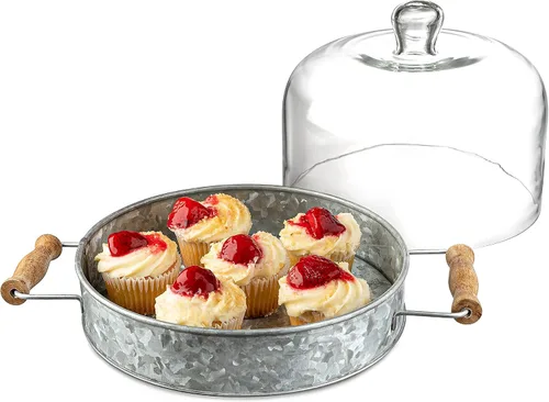 Miniatura 2 de Royalty Art Plato rústico para pastel con cúpula de cristal, plato rústico para cocina y comedor con asas de transporte, base de acero galvanizado