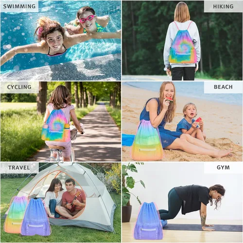 Miniatura 3 de Mochila de malla con cordón, bolsa de gimnasio deportiva grande para mujeres y niños con bolsillo y cremallera para playa, yoga, fútbol, fútbol