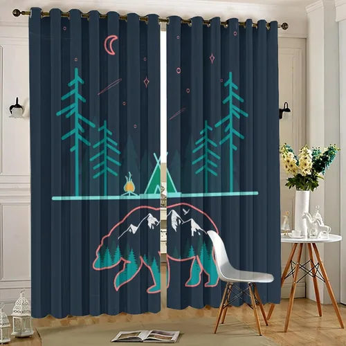 Miniatura 5 de Cortinas abstractas con estampado de cámper de caricaturas, divertido tema de aventura, campamento, montañas, vida silvestre, oso, tratamiento
