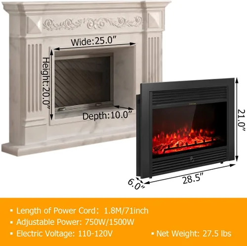 Miniatura 8 de Giantex Inserto de chimenea eléctrica de 28.5 pulgadas, empotrado/montado en la pared, chimenea independiente con control remoto, 3 llamas