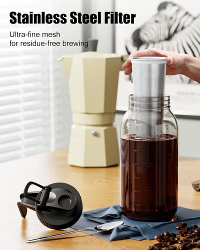 Miniatura 3 de Pack de 2 cafeteras de infusión en frío - Jarra de vidrio Mason de 64 oz con filtro de acero inoxidable, tapa con pico para café helado, té, 2 Pack