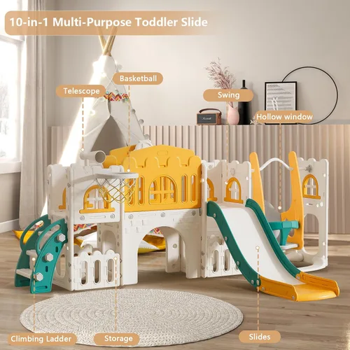 Miniatura 4 de Sistema de juego para patio de recreo, tobogán 10 en 1 para niños, juego de columpio/tobogán, para interiores para niños pequeños de 1 a 3 años